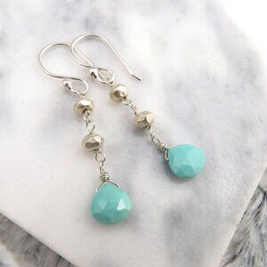 Sleeping Beauty Turquoise and Silver long Drop Earrings in 925 Sterling Silver